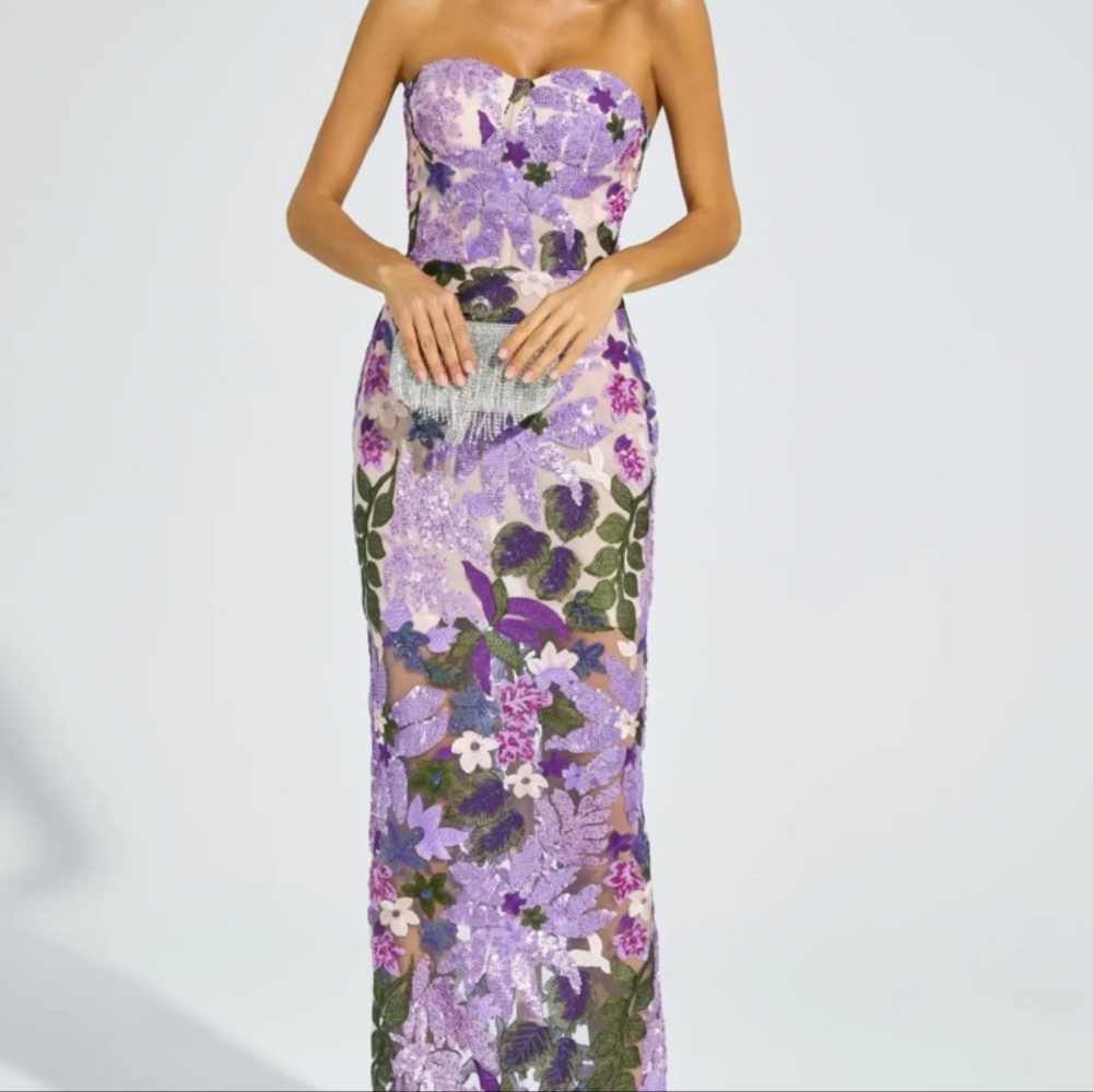 Bella Barnett Floral Sequin Strapless Purple Dress